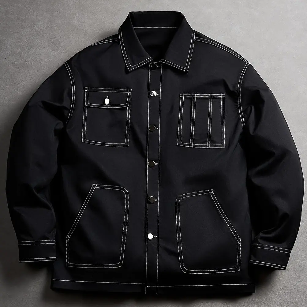Men’s black buttoned denim jacket with pockets and contrast stitching; a button-front work jacket with multiple pockets in a casual street style, featuring a turn-down collar. Suitable for everyday casual wear—if you prefer a looser fit, we recommend orde