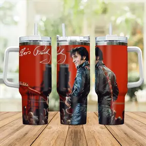 Elvis Presley 40oz Insulated Tumbler With Handle, Gift Fan King of Rock and Roll, Rock & Roll music legend merchandise, Retro Rock Music Tumbler, Vintage Heavy metal Cup, Rock Legend Artwork Stainless Steel Tumbler , Musician Fan Drinkware