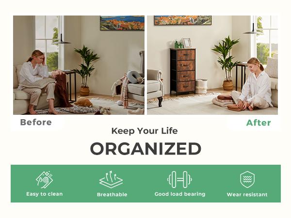 Dresser for Bedroom, Storage Drawers, Skinny Fabric Storage Tower with 4 Drawers