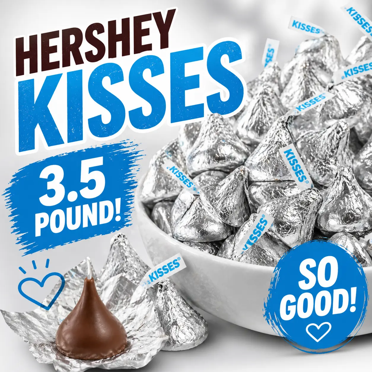 HERSHEY'S KISSES Milk Chocolate Silver Foil Candy 3.5 lb Bulk Bag  Individually Wrapped Chocolate Treats for Parties, Candy Bowls & Gifting