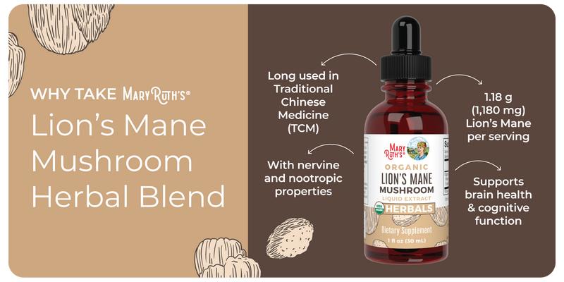 MaryRuth's Organic Lion's Mane Mushroom Liquid Drops - Up to 2 Month Supply - Nootropic - Brain Health - Non-GMO - Alcohol Free Tincture - 1 Fl Oz
