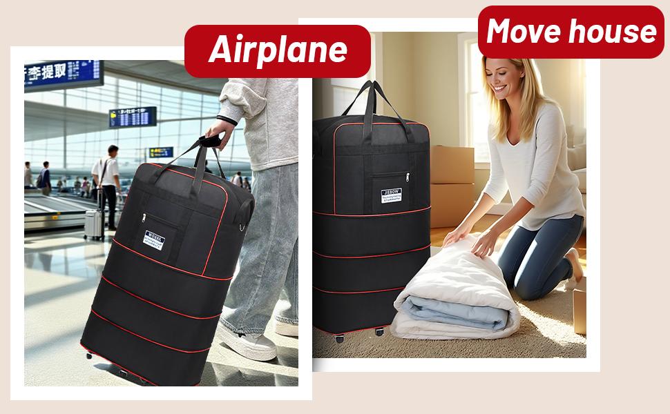 Expandable Travel Bag with Wheels, 100L Lightweight Foldable Luggage, Large Capacity Rolling Duffel Bag, Expandable Suitcase for Airplane Travel, Moving, Weekend Trips