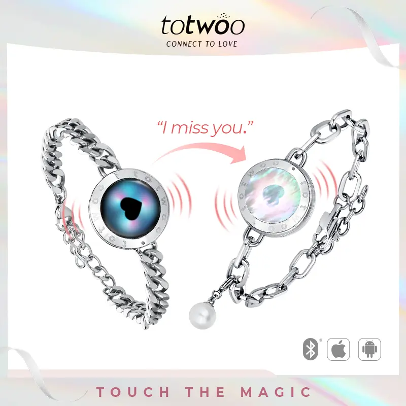 totwoo Long-Distance Touch Bracelets for Couples, Fashionable Sun and Moon Unisex Wear Set with Zirconium Stone, App-Connected for Daily Emotion, Charm, Gifts For Your Girlfriend, Casual, Two-Tone Set