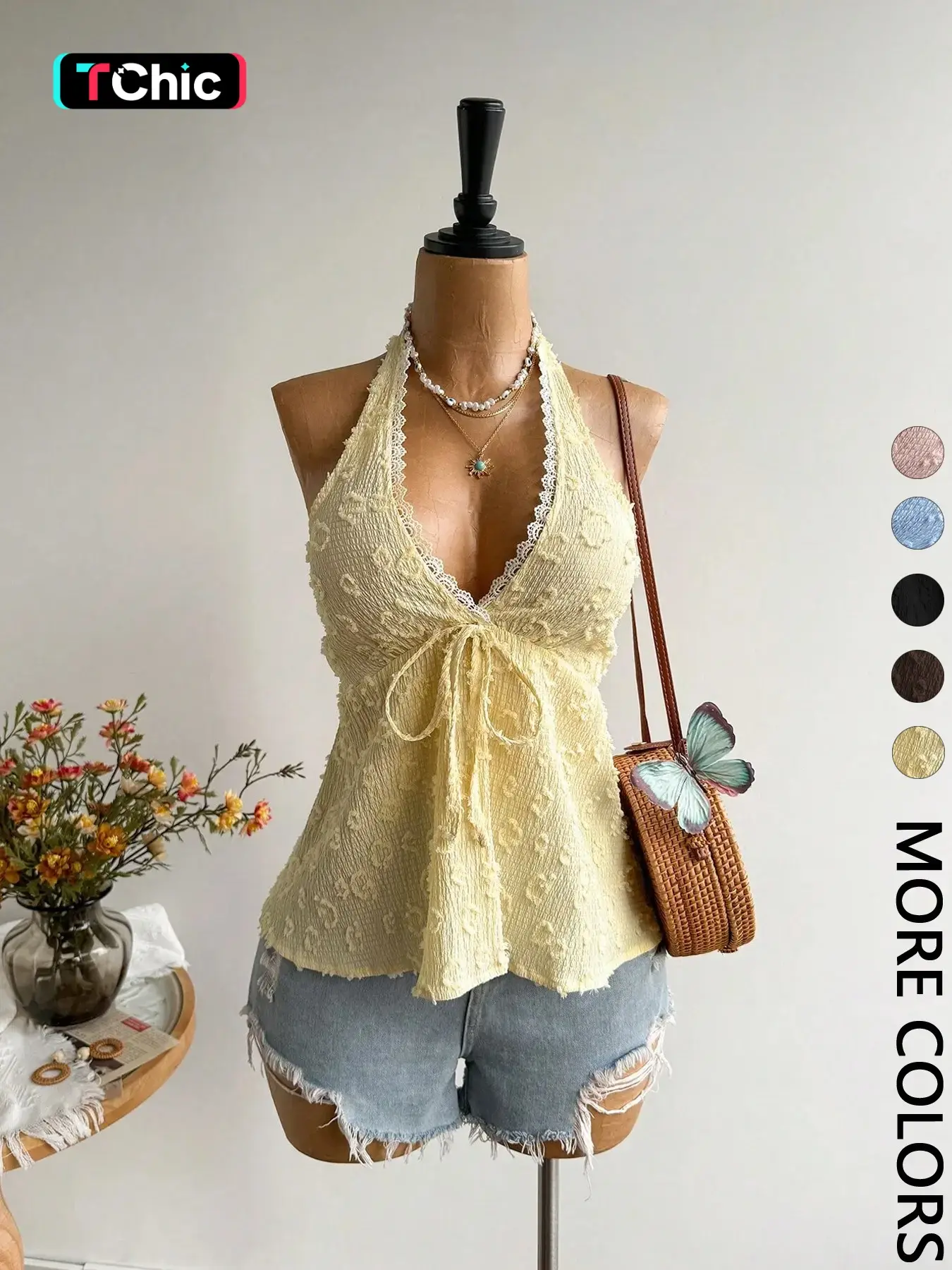 1 Piece Bohemian Style Fitted Backless Halter Top, Sleeveless, Lightweight, Aesthetic, Elegance, Perfect for Parties, Beach Trips, Music Festivals and Tropical Vacations