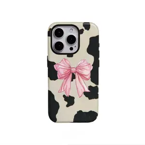 Creative Cow Print Bow Phone Case for iPhone 17, 17 Pro, 16 Pro Max, 15 Plus, XS Max 7 SE2 2-in-1 Cover Compatible with Samsung Galaxy S25