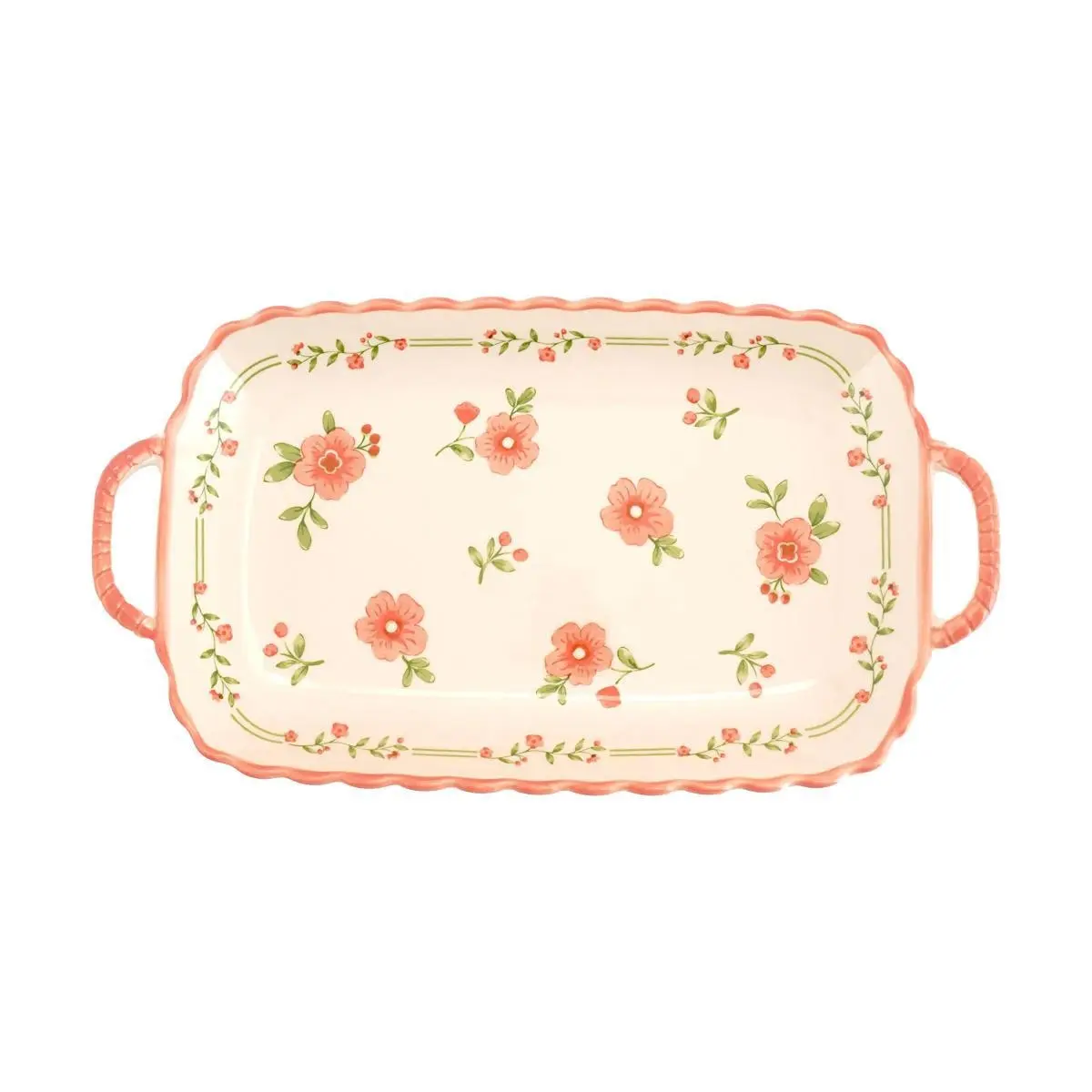 Golden Lion 12-Inch Rectangular Serving Platter - Red Glaze Peach Blossom Design, Elegant Ceramic Dish for Appetizers, Desserts, and Main Courses