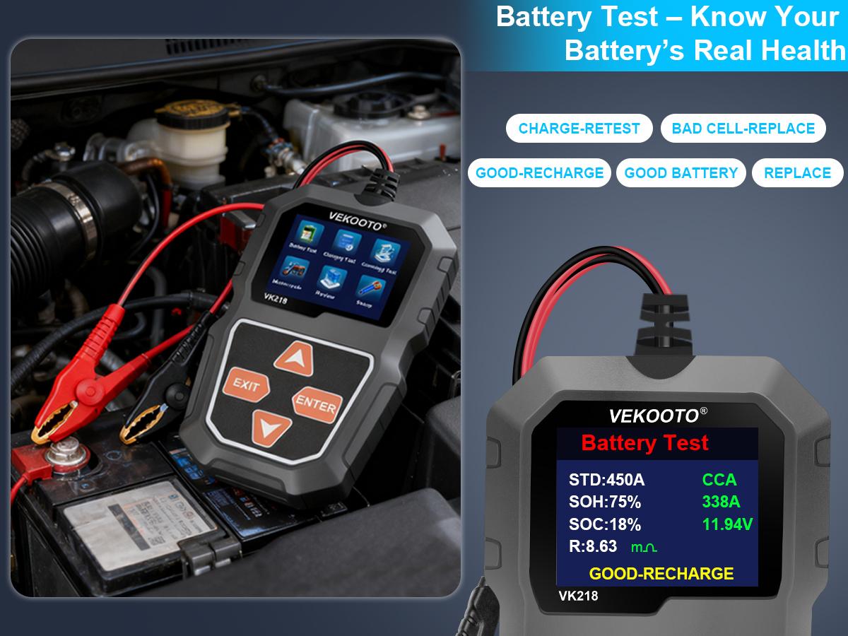 VEKOOTO VK218 12V Car Battery Tester, Battery Load Tester Automotive 12V Alternator Starter Tester Digital Auto Battery Analyzer Charging Cranking System Tester for Car Truck Marine Motorcycle Boat VEKOOTO VK218 12V Car Battery Tester, Battery Load Tester Automotive 12V Alternator Starter Tester Digital Auto Battery Analyzer Charging Cranking System Tester for Car Truck Marine Motorcycle Boat