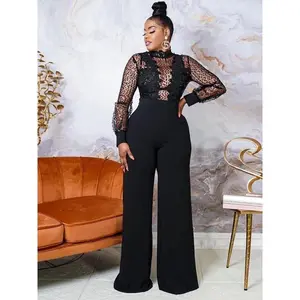 for Women Dressy Party High Neck Sequin Lace See Through Long Sleeve Wide Leg Rompers White Black One Piece Outfits