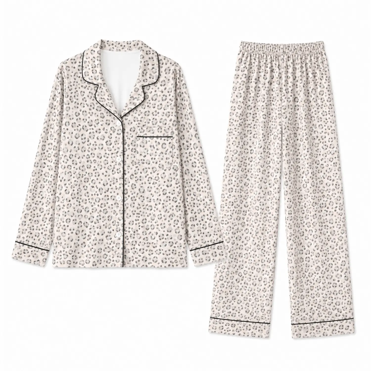Leopard Print Long Sleeve Button Front Pajama Set with Contrast Piping, Lightweight Cozy Sleepwear for Fall and Winter Nights