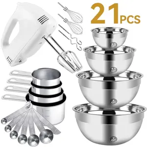 Electric Hand Mixer Mixing Bowls Set, Upgrade 5-Speeds Mixers with Silver Nesting Stainless Steel Mixing Bowl, Measuring Cups and Spoons Whisk Blender - Baking Supplies for Cooking cream