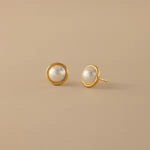 Pearl Bezel Studs by Caitlyn Minimalist - Round Pearl Stud Earrings - Minimalist Bridal Earrings - Wedding Jewelry - Gift for Her