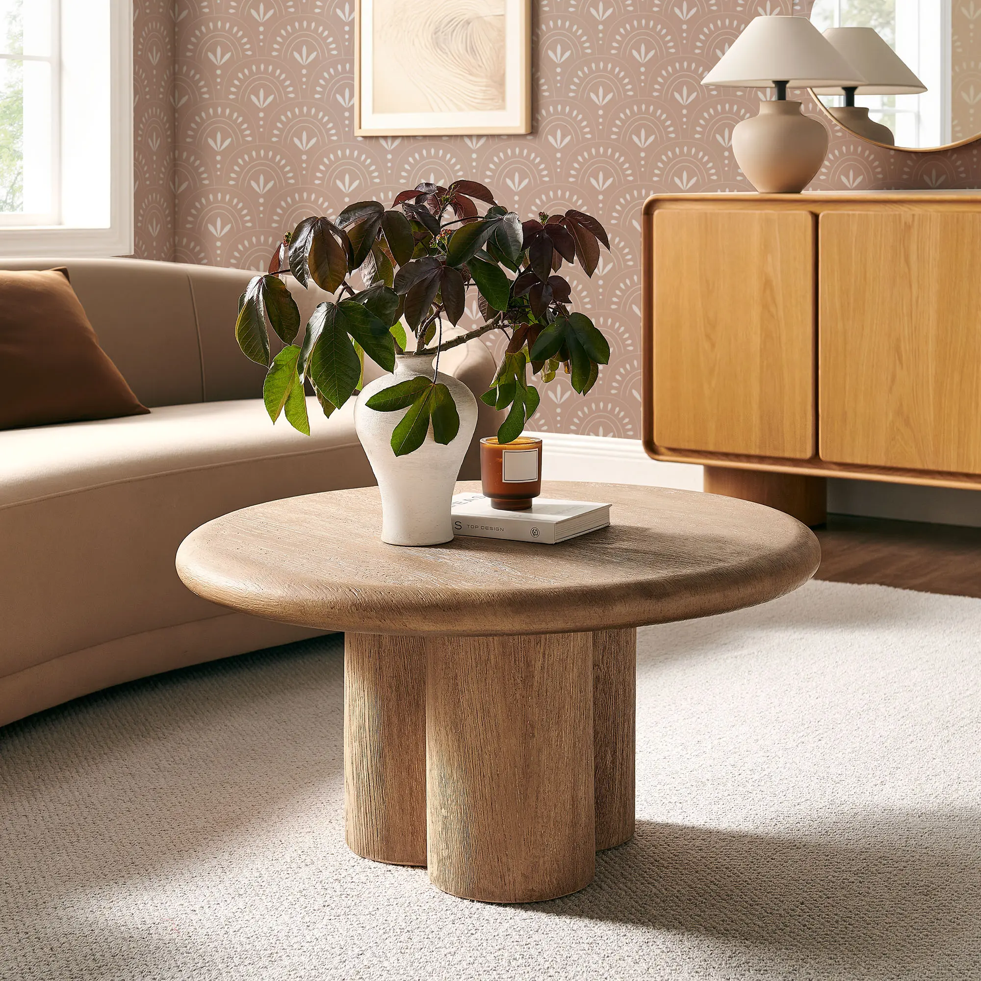 Tori 31 Inch Round Indoor and Outdoor Coffee Table in Oak