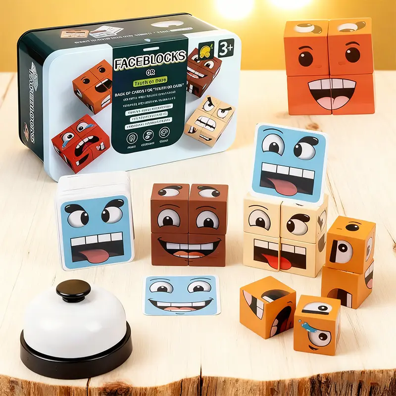 Wooden Face Changing Game Cube Volume Wooden Expression Puzzle Toy Montessori Educational Children Party Game