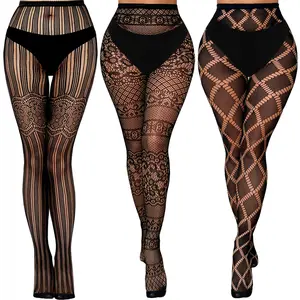 Black striped/checkered mesh pantyhose, one size, 3 pcs