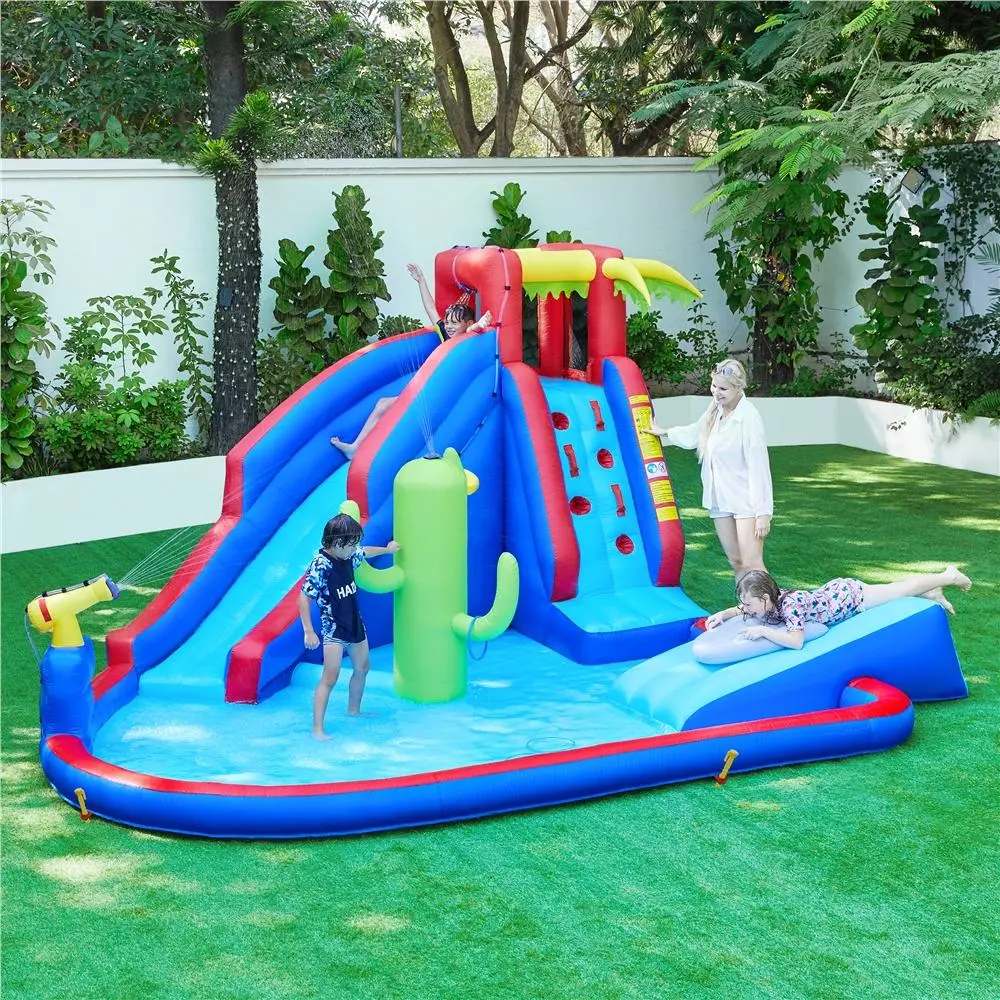 Yaheetech Cooling Inflatable Water Slide, Blow Up Water Slide Park Castle for Kids Aged 3-10 w/Splash Pool, Water Cannon, Ring Toss, Basketball, Surfboard, Climbing Wall and 520W Blower