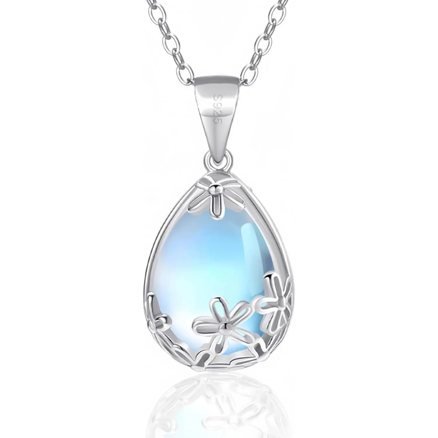 Women's 925 Sterling Silver Filigree Daisy Moonstone Necklace, 0.47in*0.63in Teardrop Pendant, 16in+2in Extension Adjustable Chain, Stylish Design, Gift-Ready for Birthday/Expressing Love