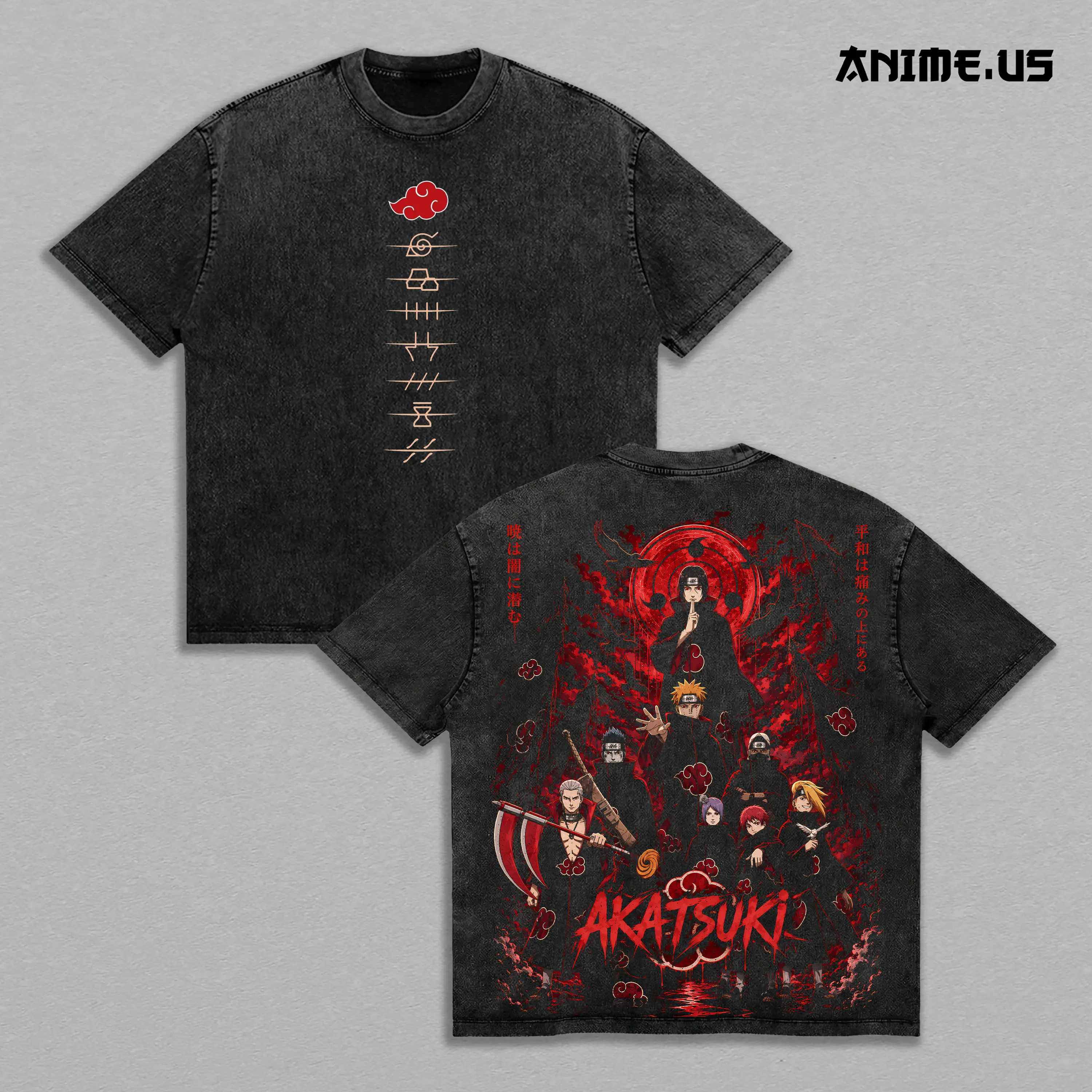 Akatsuki Pain Obito Deidara Naruto Vintage Washed Oversized Graphic Tee, Anime Heavyweight Cotton Streetwear T-Shirt, Rogue Ninja Organization