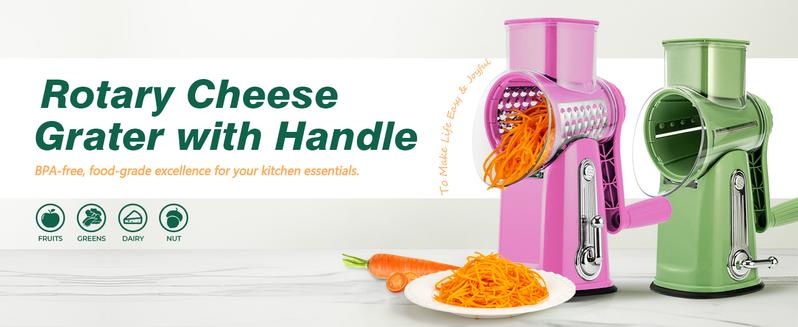 SUSTEAS Rotary Cheese Grater with 5 Replacement Blades, Strong Suction Cup Base, BPA Free, Compact Design for Easy Cleaning, Kitchen Utensils Pink Red