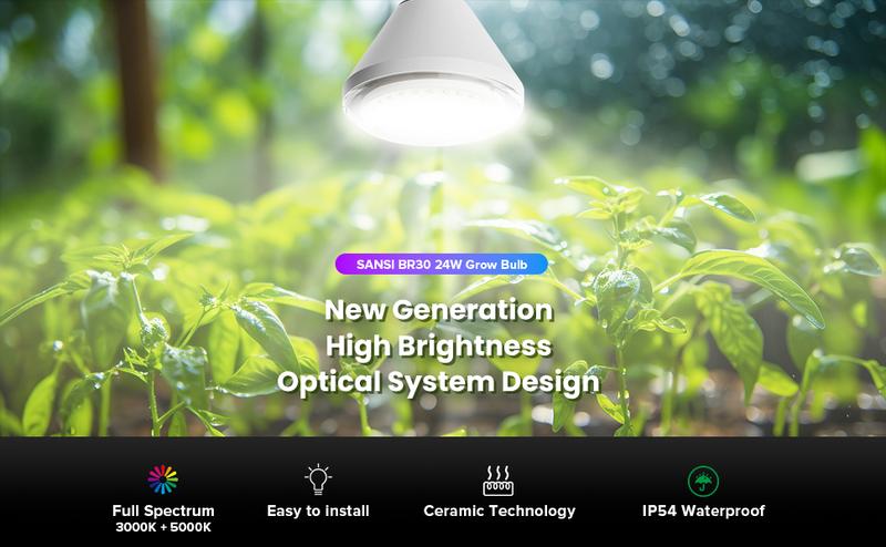 SANSI 24W Equivalent to 250W LED Grow Light Bulb, 3000K+5000K+660nm+730nm Specialty Spectrum, with Samsung LM301B Diodes，IP54 Waterproof Grow Light for Indoor Outdoor Plants