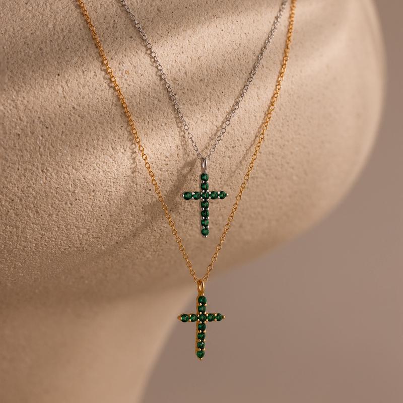 Pave Emerald Cross Necklace by Caitlyn Minimalist - Dainty Green Gemstone Pendant Necklace - Everyday Layering Necklace - Church Jewelry - Grandma Gift