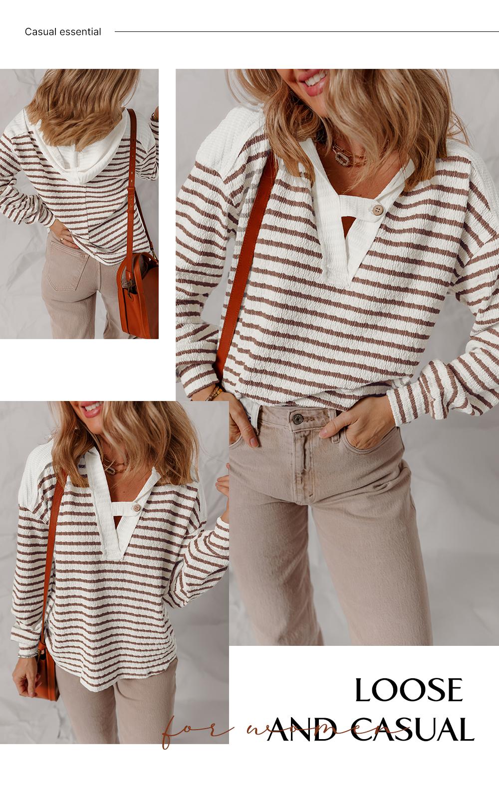 Asvivid Women's Striped Hooded V Neck Casual Long Sleeve Tops - Comfy & Stylish Everyday Wear - Spring Fall Pullover Top with Buttoned Strap Detail Asvivid Women's Striped Hooded V Neck Casual Long Sleeve Tops - Comfy & Stylish Everyday Wear - Spring Fall Pullover Top with Buttoned Strap Detail