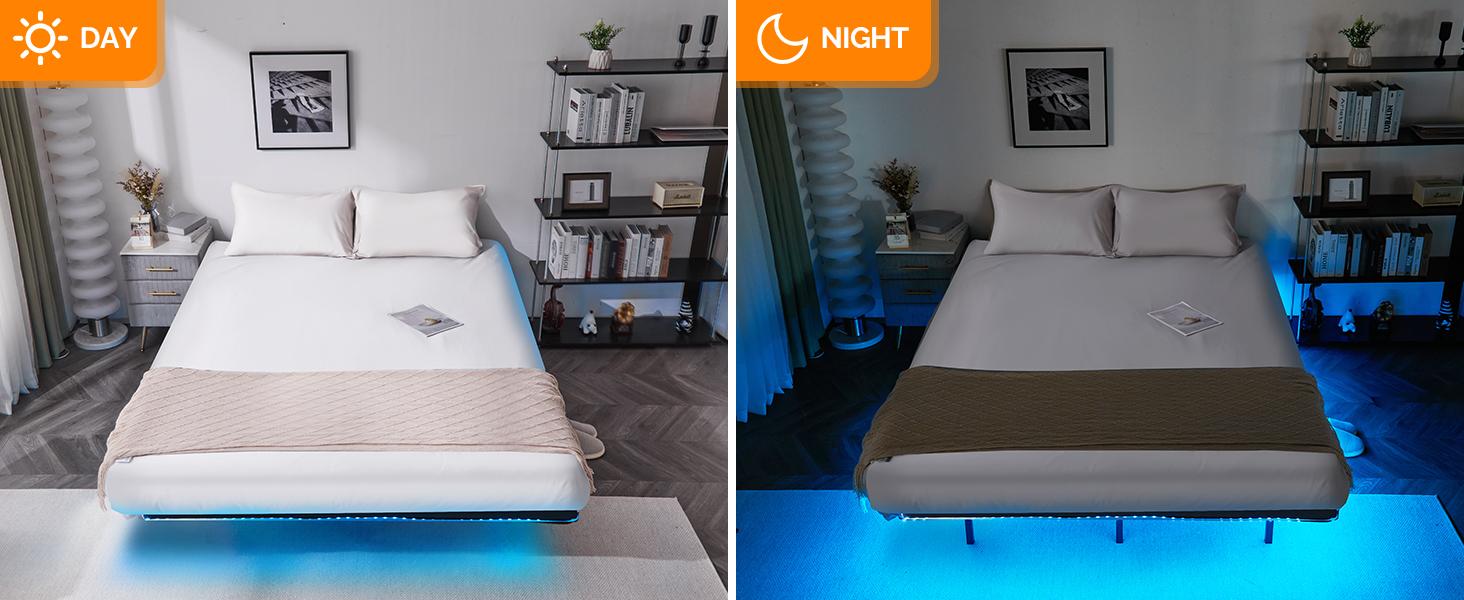 VINGLI Twin Floating Bed Frame with USB Charging Station/LED Lights, 14'' Platform Bed Frame Twin Size Heavy Duty Metal Bed, No Box Spring Needed,Black