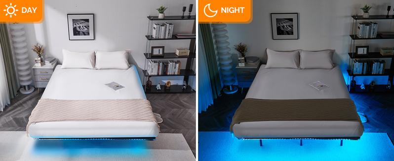 VINGLI Twin Floating Bed Frame with USB Charging Station/LED Lights, 14'' Platform Bed Frame Twin Size Heavy Duty Metal Bed, No Box Spring Needed,Black