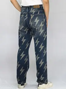 Lux Lee Lightning Pattern Baggy Dad Women's Jeans- Vintage Medium Wash, Baggy & Straight Leg Denim, High Waist Loose Fit Pants for Street Style, Casual Daily Wear, and a Slimming Leg-Lengthening Look