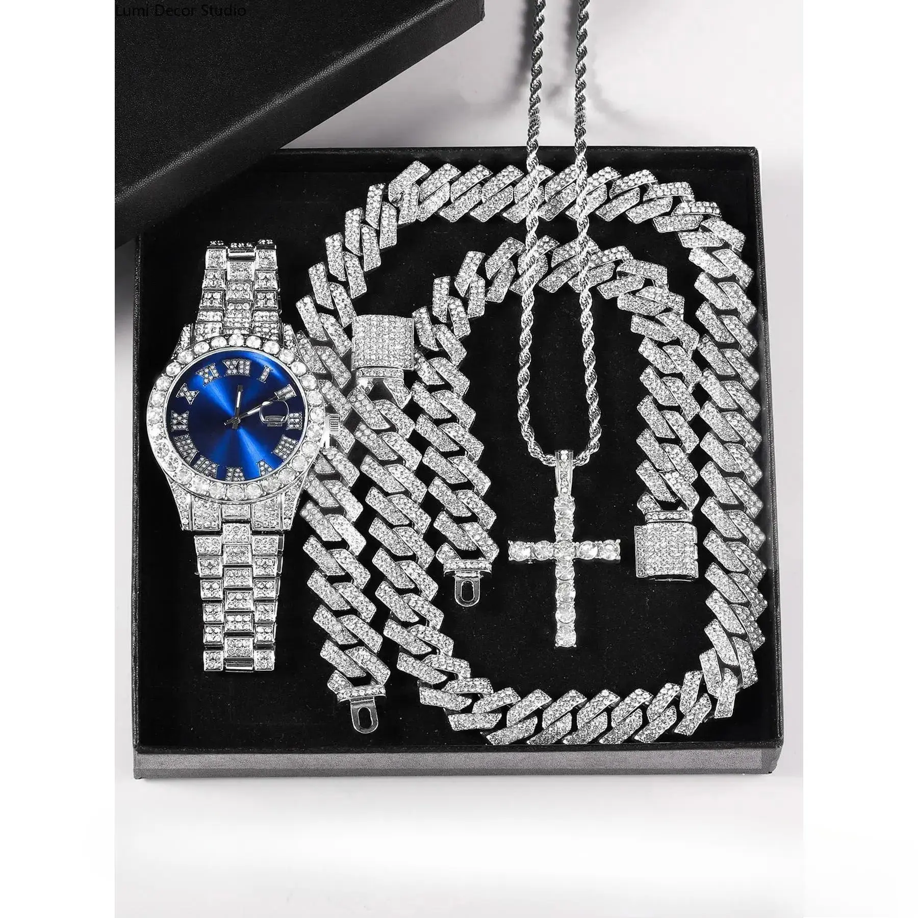Unisex 3-Piece Punk Jewellery Exquisite Watch Set, Set Includes Rhinestone Shine Cross Pendant Necklace, Adjustable Alloy Bracelet & Exquisite Watch for Everyday Wear