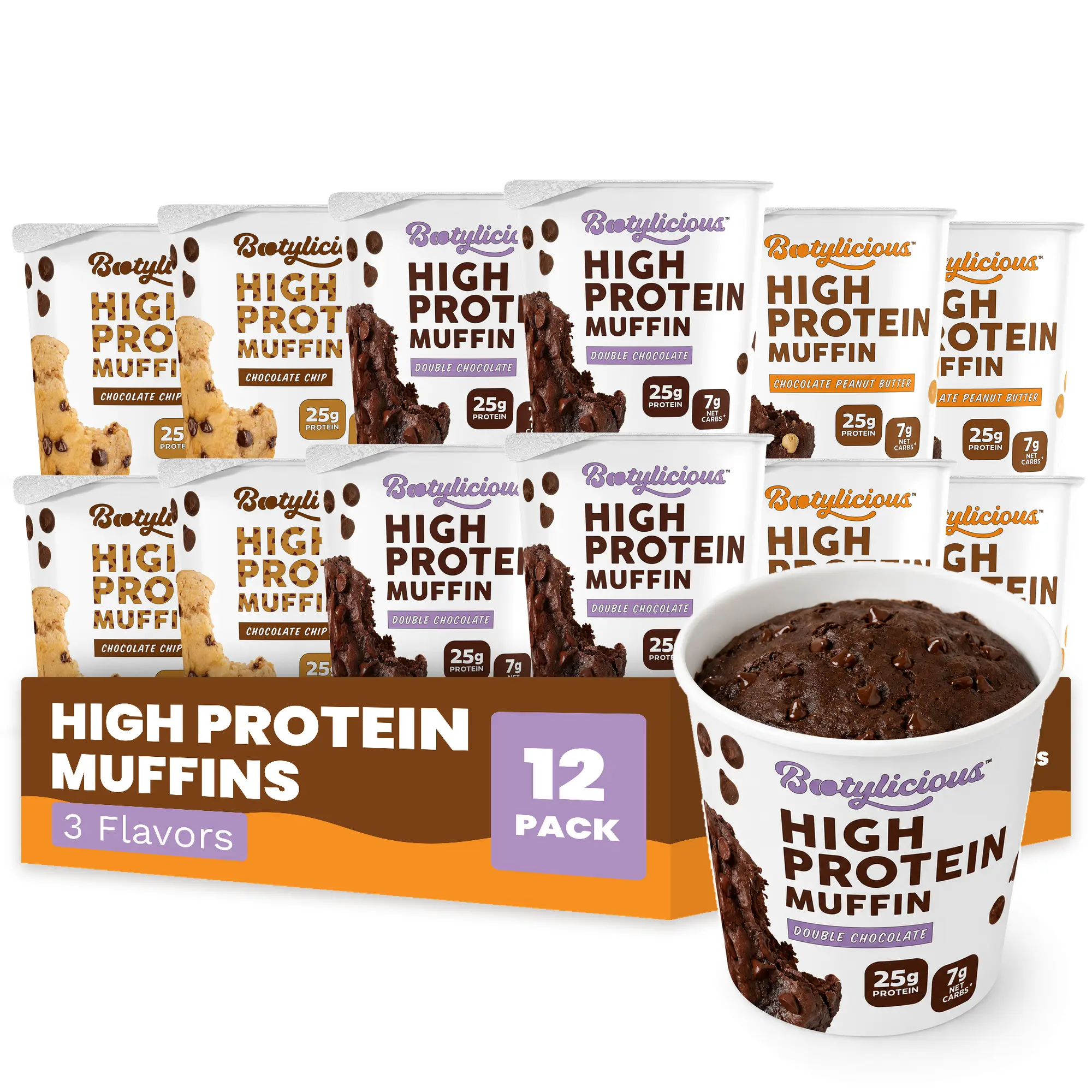 Bootylicious Protein Muffin, Chocolate Lovers, 12-Pack | 25g Protein High Fiber (16–18g) 7g Net Carbs* 200 Calories or Less