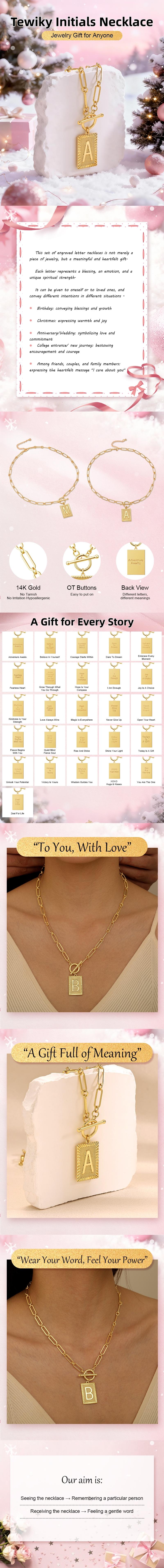 Tewiky Gold Initial Necklace for Women, Personalized Alphabet Pendant with Inspirational Engraving, Paperclip Chain Non-Tarnish Jewelry For Valentine's Day gifts Handmade Fashion Accessory