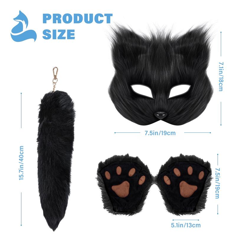 4Pcs Faux Fur Fox Costume Set with Plush Mask Fluffy Claw Gloves & Tail Perfect for Halloween Christmas and Costume Parties Ideal Gift for Children, Therian Gear