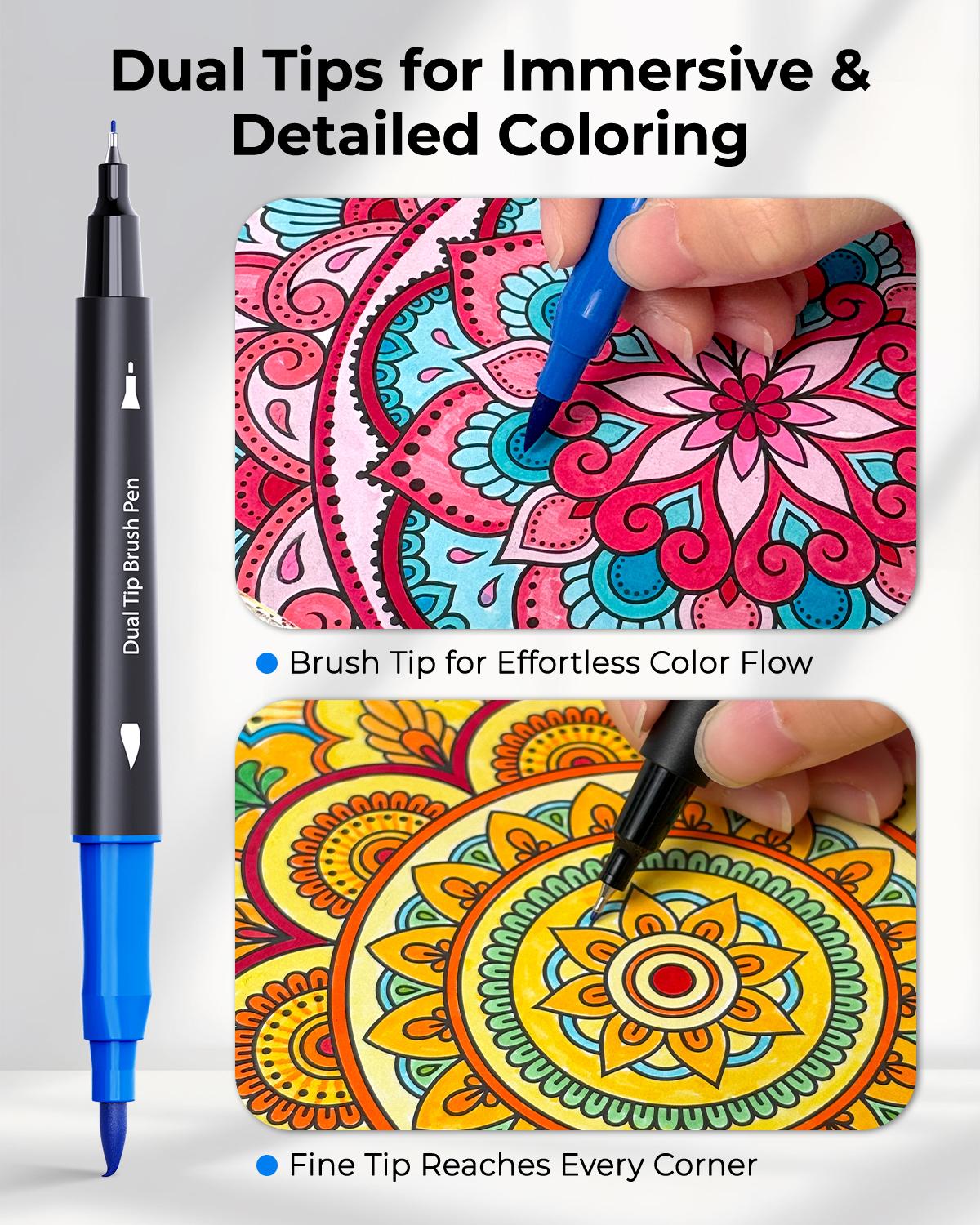 [JusArt] 100/80/60 Colors Coloring Markers with Dual Tips, Fine & Brush Pens with Ergonomic Triangle Grip & 33% More Ink, Water-Based Art Drawing Set for Adults, JusArt Markers for Adult Coloring Books No Bleeding