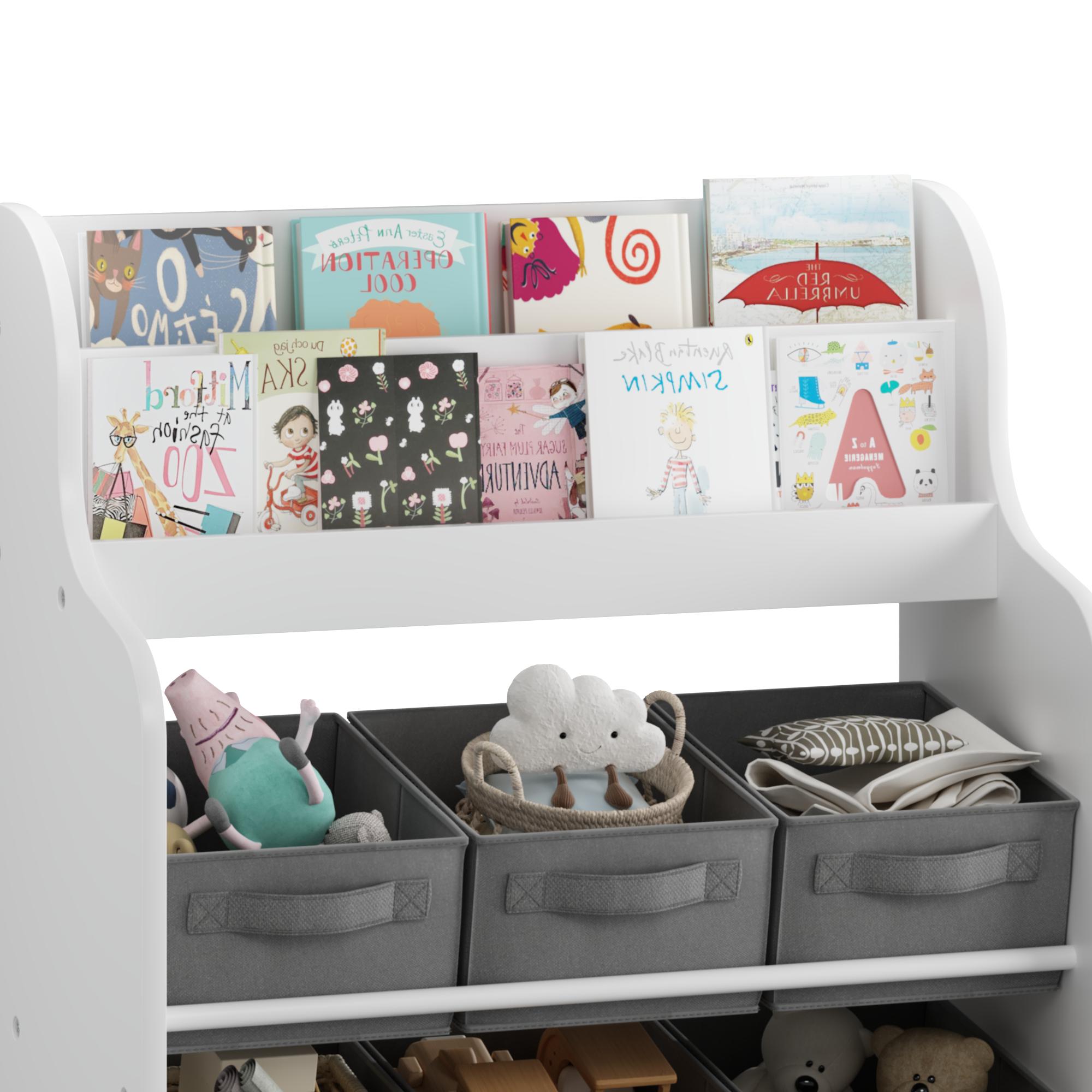 Kids Bookshelf with 6 Fabric Storage Bins, Multi-Functional Children's Bookcase and Toy Organizer, Front-Facing Display Shelf for Playroom, Bedroom or Nursery - White & Gray