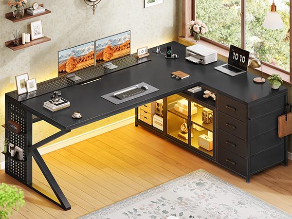 SEDETA 63-Inch L-Shaped Gaming Desk Computer Desk with 4 Drawers and Display Cabinet Executive Office Desk with Storage Shelves and LED Light