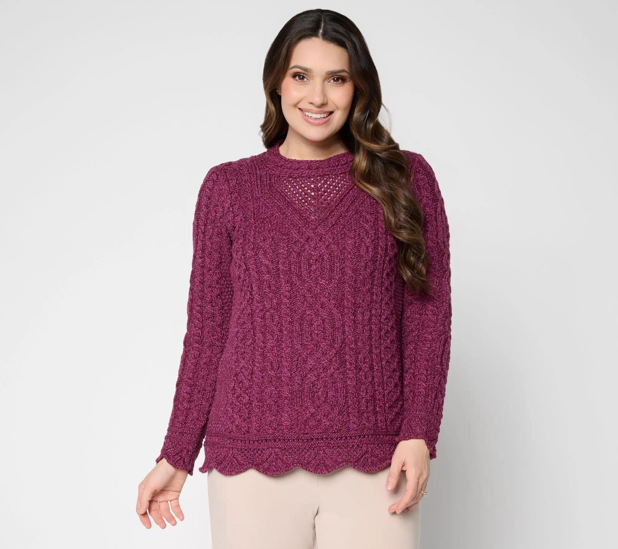 Aran Crafts Merino Wool Pullover Sweater w/ Scalloped Trim Aran Crafts Merino Wool Pullover Sweater w/ Scalloped Trim