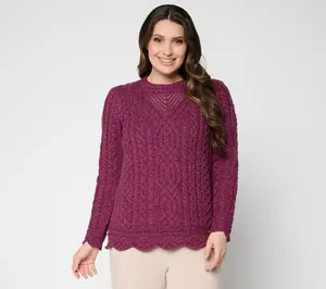 Aran Crafts Merino Wool Pullover Sweater w/ Scalloped Trim