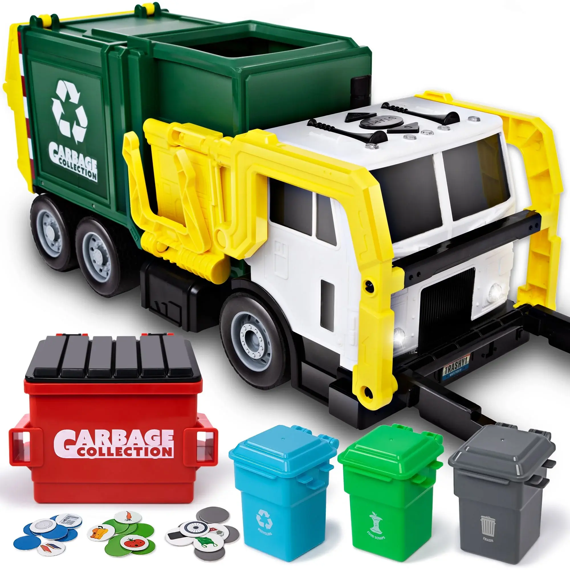 JOYIN Large Friction Powered Garbage Truck Toy Set, Includes Dumpster, Trash Bins, and Learning Cards for Kids, Boy Toys Birthday Gift for Boys Girls Kids Toddler Gift for Christmas