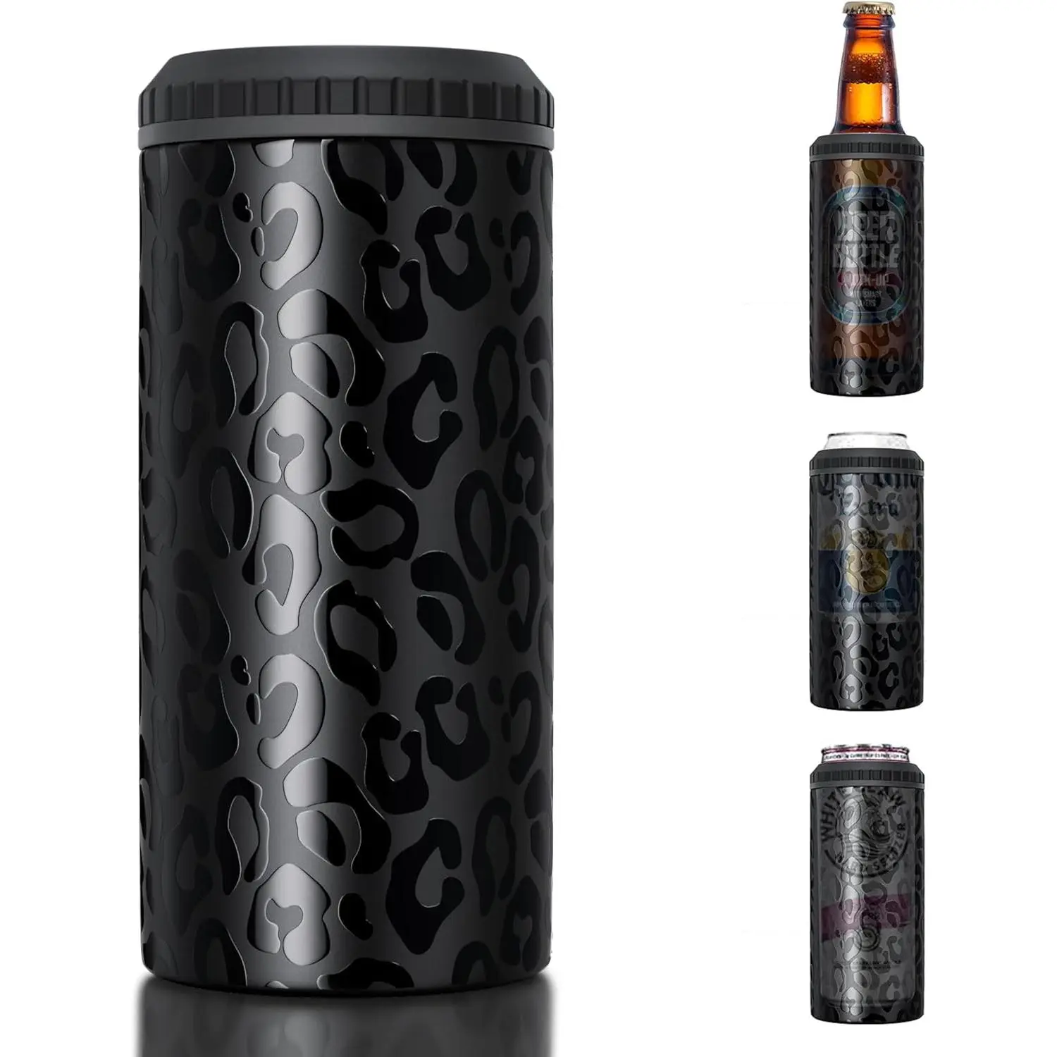 Black Leopard Print 3-in-1 Universal Koozie Drinkware Accessory - 12 oz Double-Walled Stainless Steel Vacuum Can Cooler, Lightweight Portable Insulation, 6-Hour Cold Retention, Non-Slip Base, Fits Skinny/Regular Cans & Bottled Beverages (Kitchenware), 12O