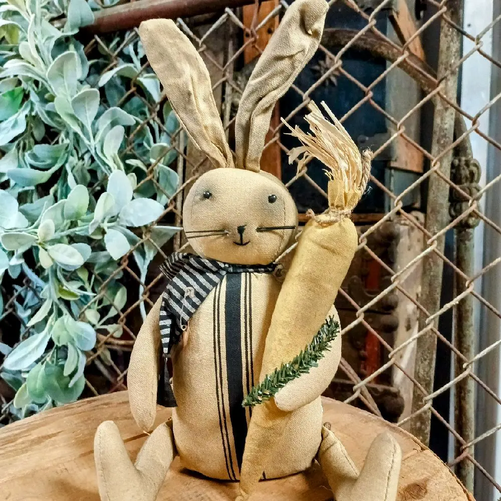 Primitive Rustic Bunny Rabbit Vintage Doll 14.5" High Fabric Doll with Wired Ears, Ribbon Scarf, Orange Carrot & Paper Name Tag "Archie"