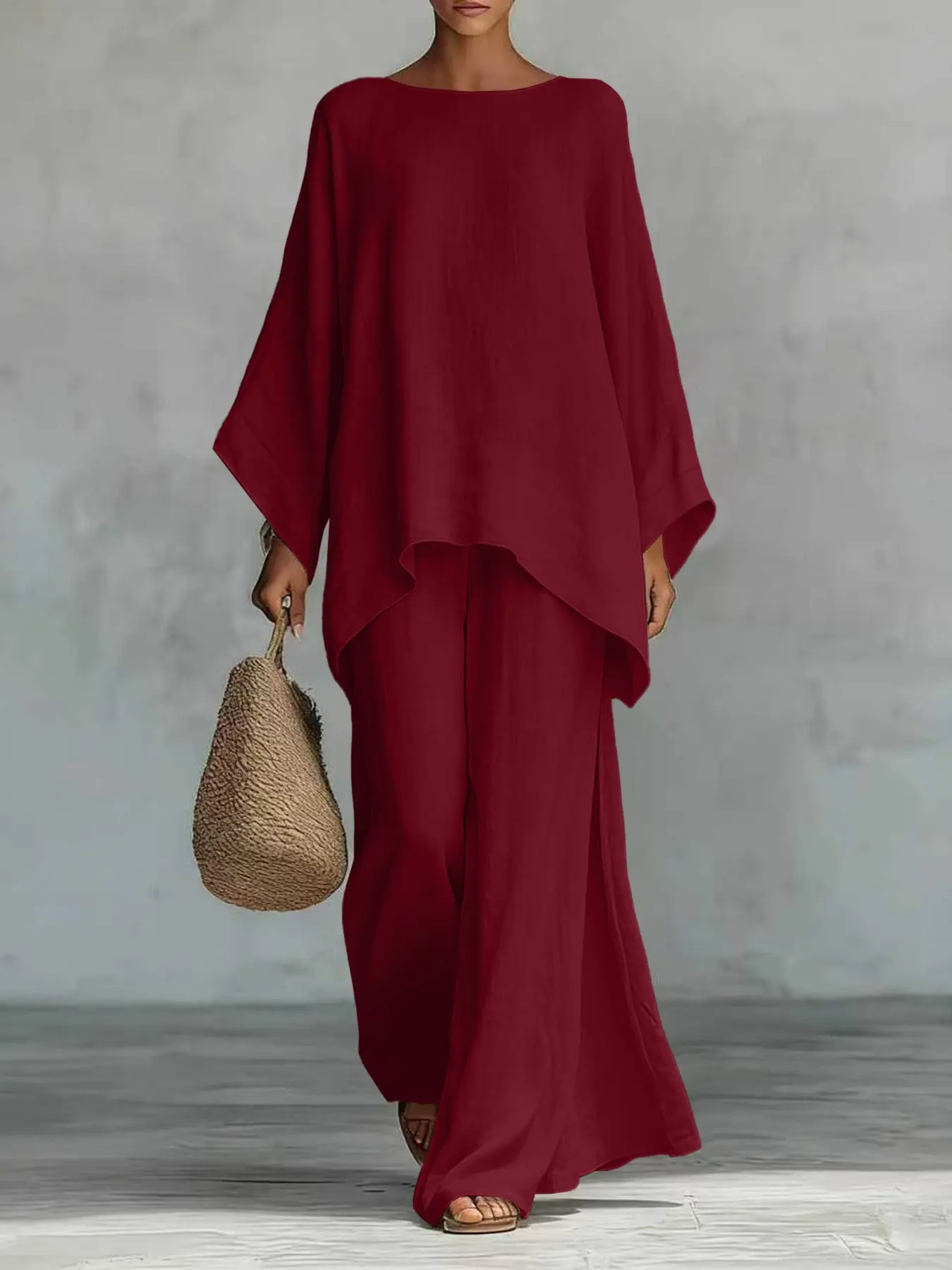 New Women's Simple Loose-Fit Long Sleeve Blouse and Wide-Leg Pants Set, Baggy, Comfortable Casual Outfit, Perfect for Daily Wear, Stylish, Trendy and Elegance Two-Piece Set
