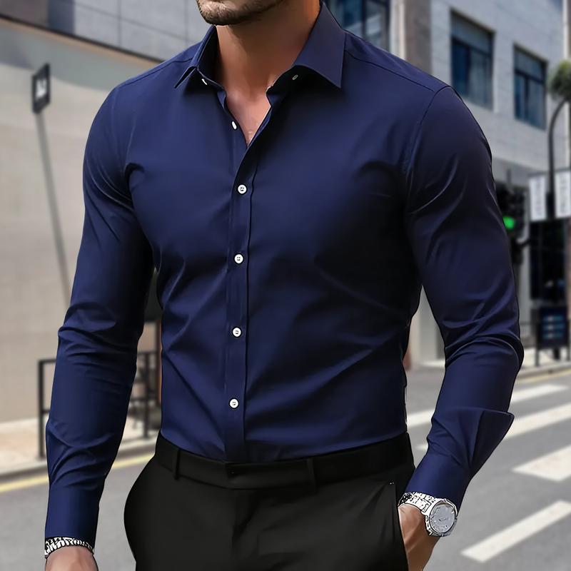 Men's anti-wrinkle stretch business casual shirt - long sleeve single button - suitable for business casual, weddings, offices - machine washable all year round shirt