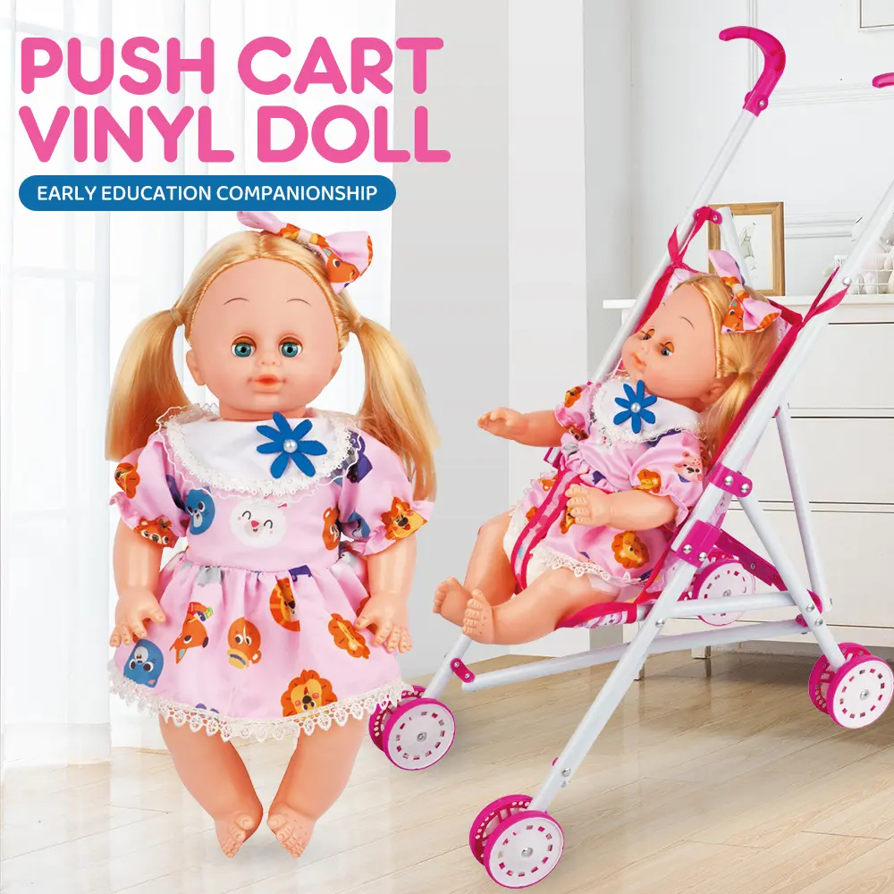 Kids Pretend Play Doll Stroller, Foldable Doll Push Cart with Baby Doll and Complete Nursing Accessories, Princess Play Toy for Little Girls