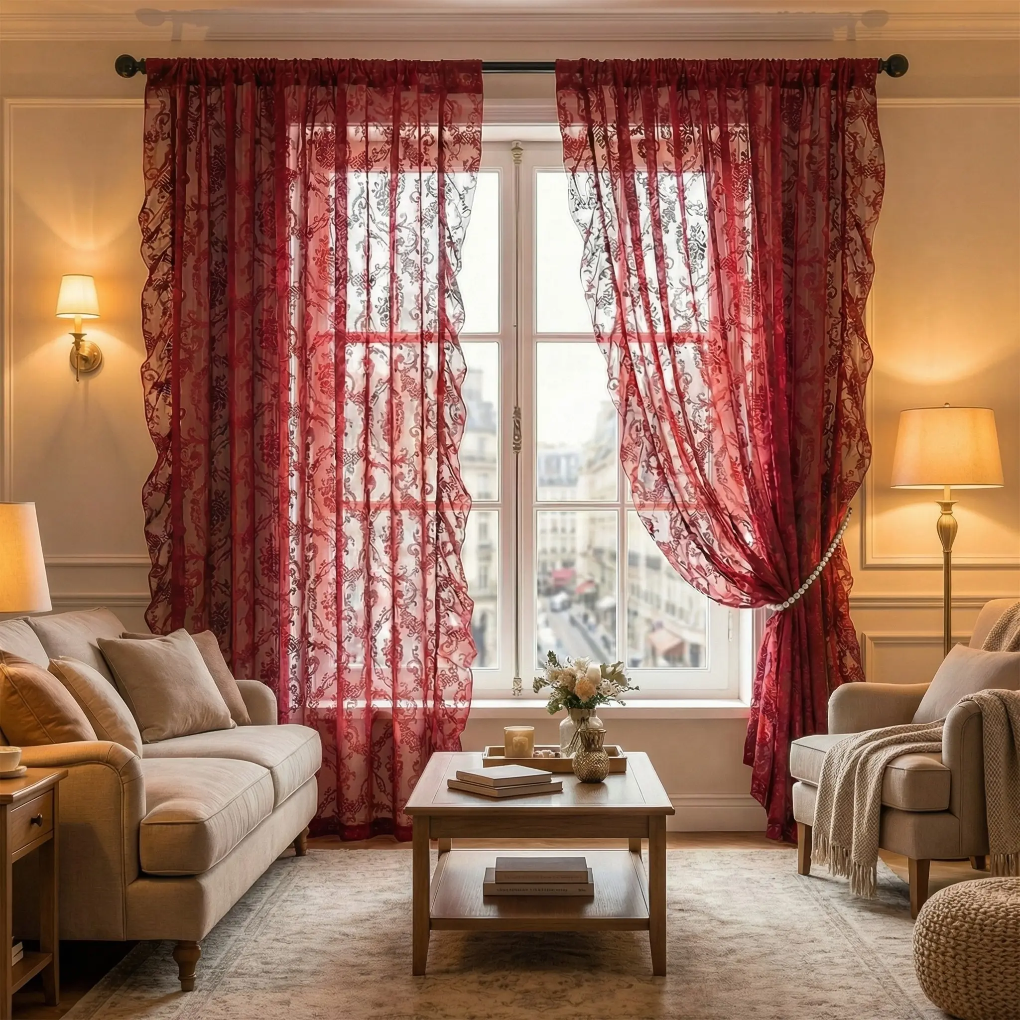 French Country Style Floral Lace Curtain, 1pc and 2pcs, Window Sheer Drapes, Room Decor Curtain, Home Decorative Curtain, Festival Decoration, Elegant Home Decor, Interior Decoration Accessories
