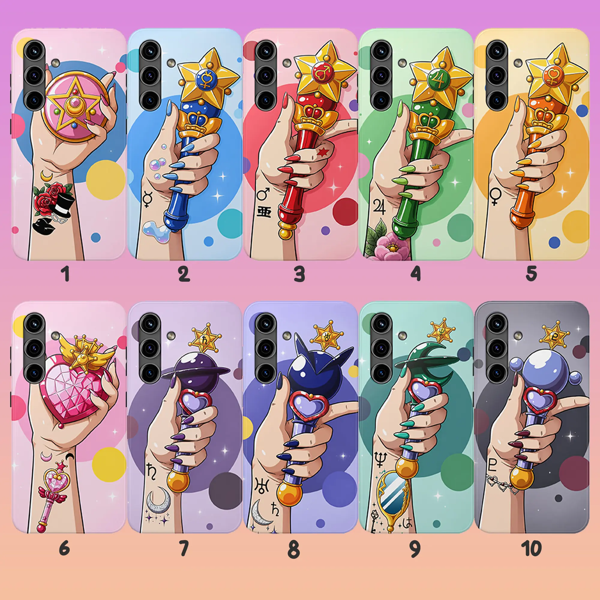 Retro 90s Magical Girl Anime Aesthetic TPU Polycarbonate Shockproof Cellphone Protector, Wireless Charging Compatible Multi-Model Case for SS Galaxy Android Devices - 10 Cute Transformation Wand & Star Designs