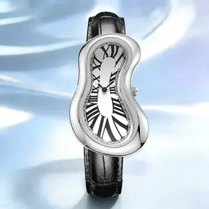 [Mother's Day Gift] Unisex Surreal Melting Watch, Warped Dial Analog Quartz Timepiece with Roman Numerals Crash Shape Silver Tone Case Fashion Dress Watch for Him Her Casual Artistic Style