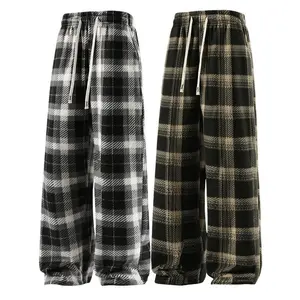 Autumn and winter wool thick men's checkered casual pants, warm line drawstring with loose waist, comfortable and relaxing, suitable for men's daily wear