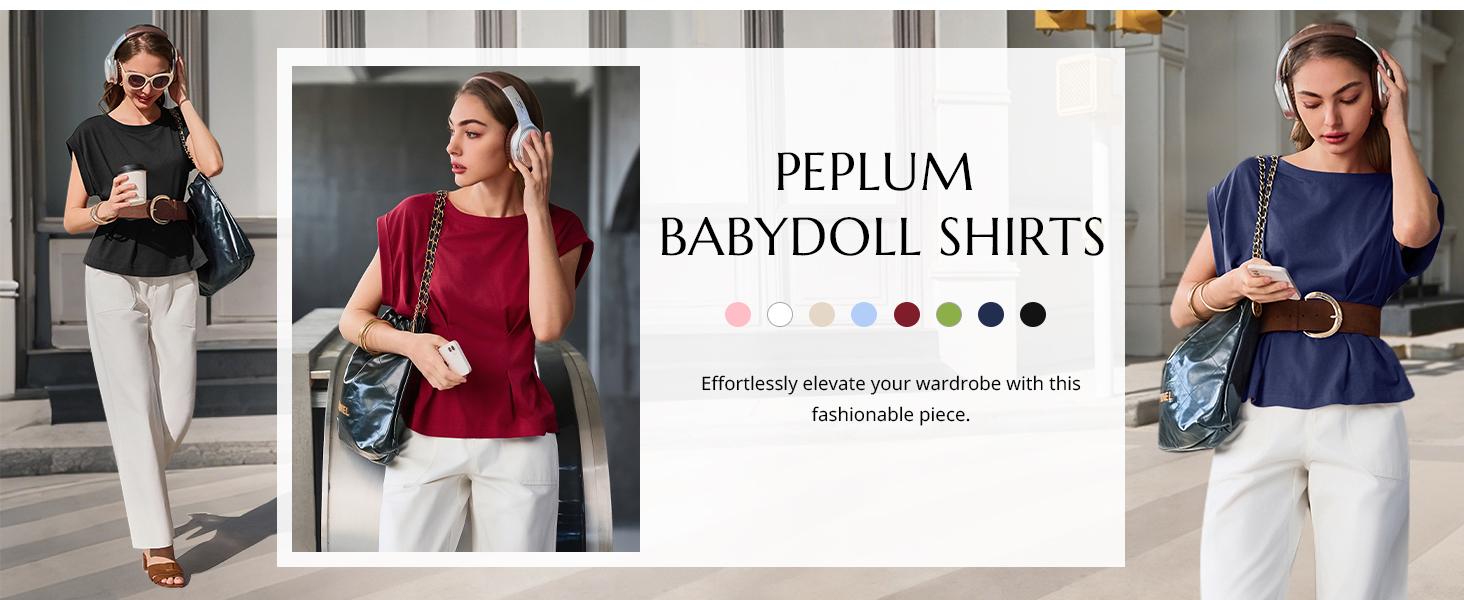 Cicy Bell Womens Peplum Tops Summer Babydoll Cap Sleeve T-Shirts Dressy Casual Crew Neck Pleated Blouses