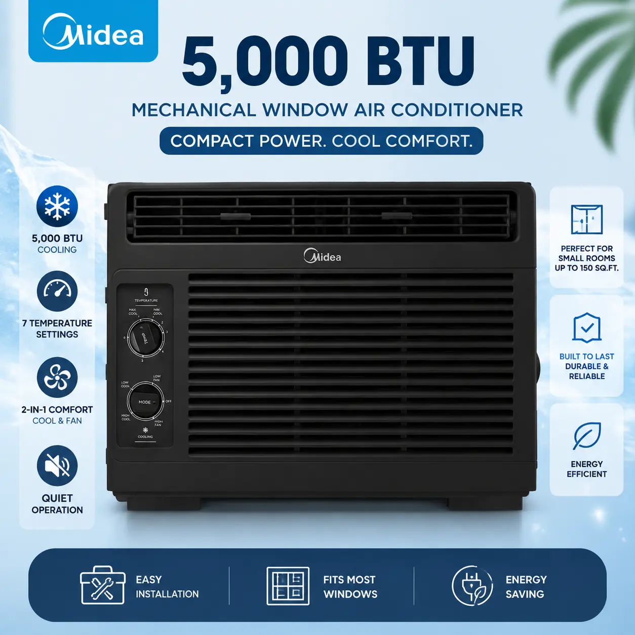 Midea Used Window Air Conditioner (Like New) - 5,000 BTU Cooling Household AC, 110V Manual Dial Corded Plug, Compact High-Efficiency for 150 Sq. Ft. Small Rooms, Easy Installation & Washable Filter