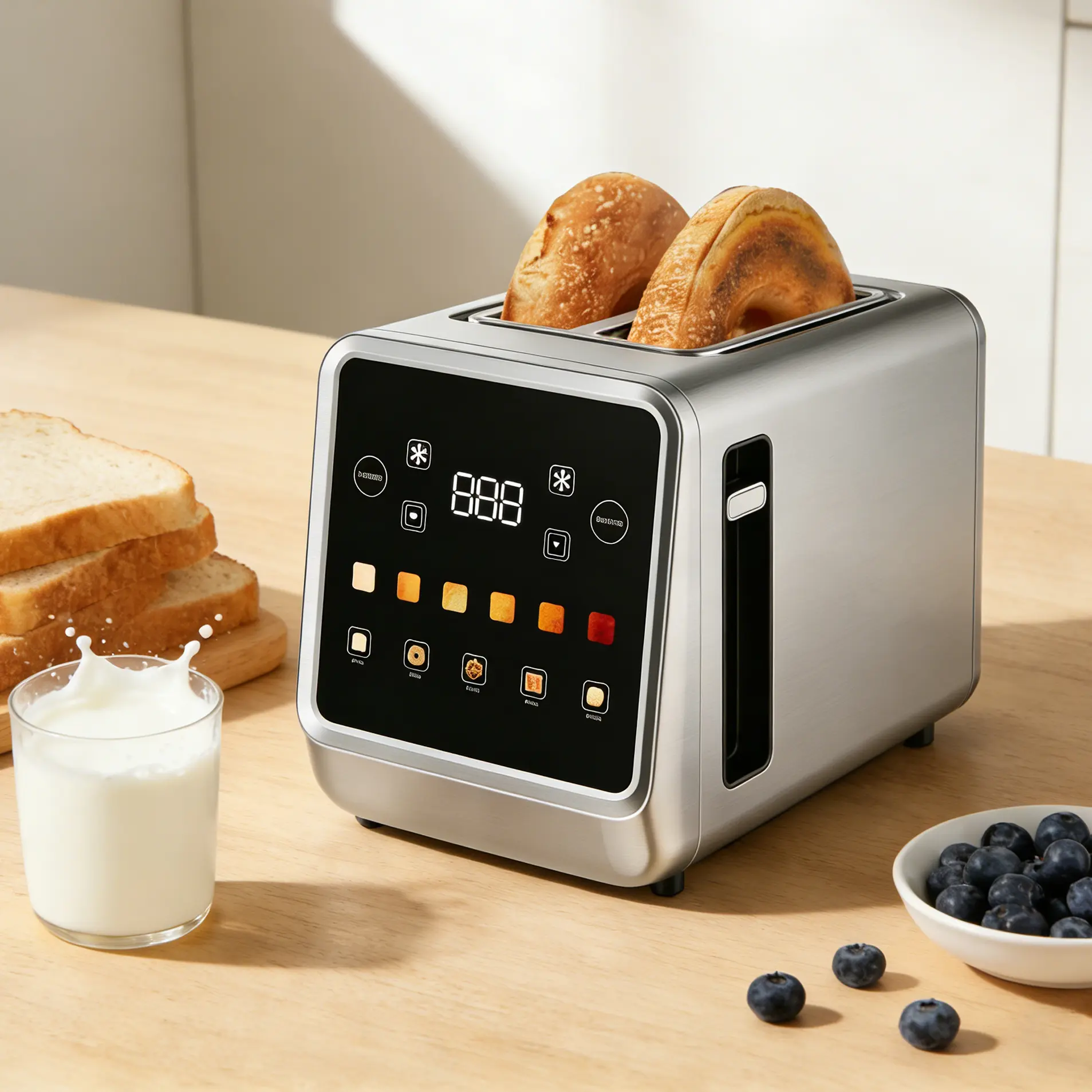 2-Slice Stainless Steel Touch Screen Toaster with Digital Timer, 6 Bread Presets, 6 Shade Settings, Extra Wide Bagel-Ready Slots, Cancel/Defrost Functions, Sleek Look, Toast on Time for Kitchen Home Use